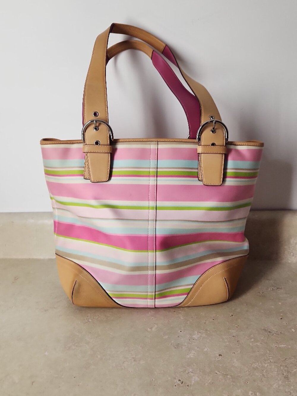 vintage Coach Hampton Stripe Canvas Tote Bag Vachetta leather trim M05S-5175 - Picture 3 of 16